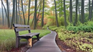 森の中の静かな小道のそばに置かれた木製のベンチ